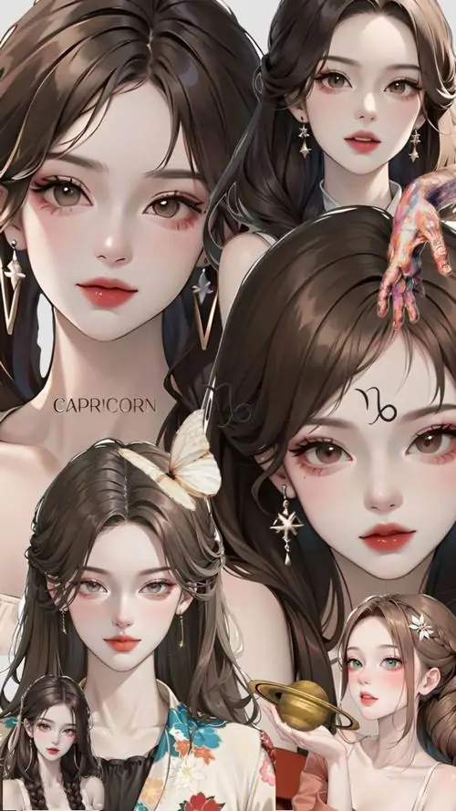 Ảnh nền cung Ma Kết collage nhiều gương mặt cô gái tóc nâu hồng, lớp makeup nhẹ và bố cục ghép dọc làm ảnh này hợp Ma Kết nữ thích kiểu cute, trẻ và sáng