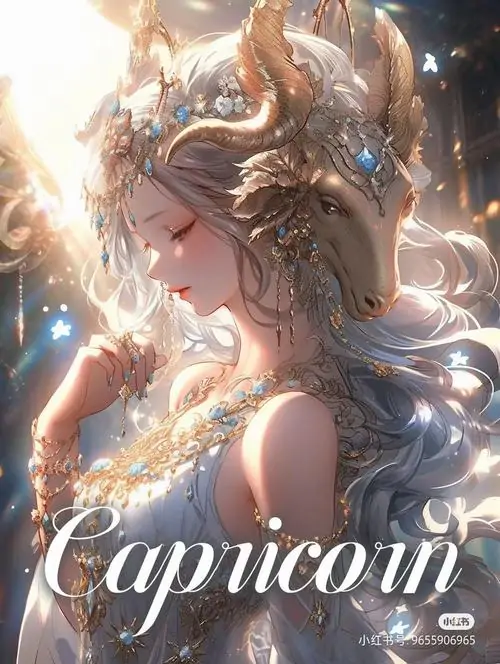 Cô gái tóc vàng nghiêng mặt trong luồng sáng trắng, cặp sừng mềm phía sau và chữ Capricorn mờ bên dưới khiến bức ảnh rất hợp làm nền cho cung Nam Dương nữ