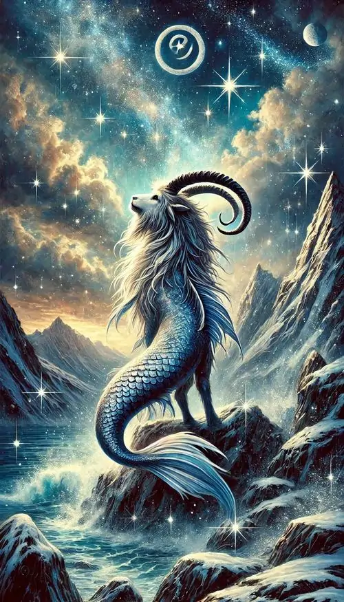 Ảnh avt dê biển vươn người trên sóng bạc giữa trời sao xanh, sừng cong sáng nổi bật và đuôi cá hất nước tạo cảm giác chuyển động mạnh, hợp vibe Ma Kết ngầu