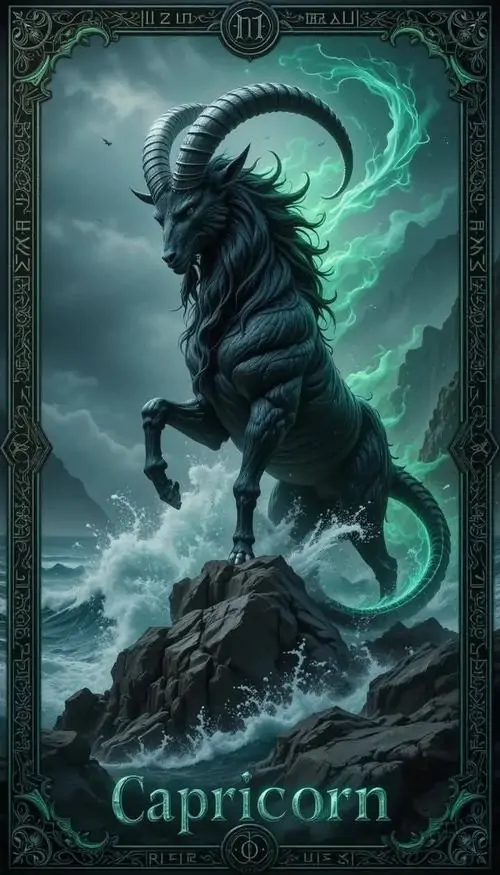 Ảnh avatar đẹp bóng dê biển đen dựng cao giữa màn sương xanh, sừng cong dài và đuôi cuộn rõ nét nên ảnh này hợp Ma Kết nam thích phong cách tối, lạnh và đẹp