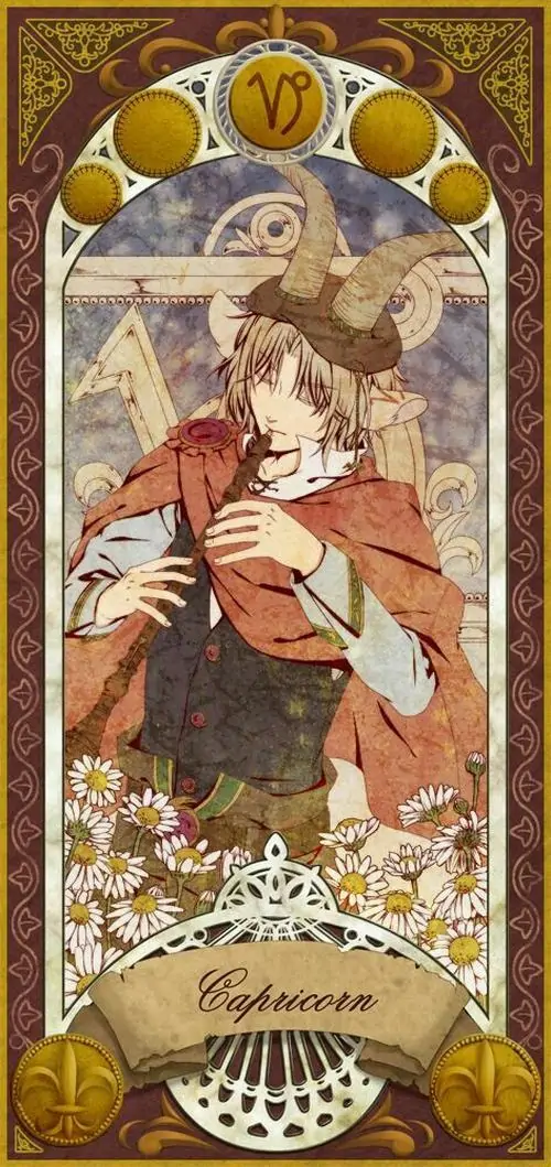 Khung tranh dọc kiểu tarot vẽ cô gái tóc cam mặc váy cổ điển, xung quanh là họa tiết vàng và vòng cung trang trí khiến chòm sao Ma Kết hiện lên mềm hơn