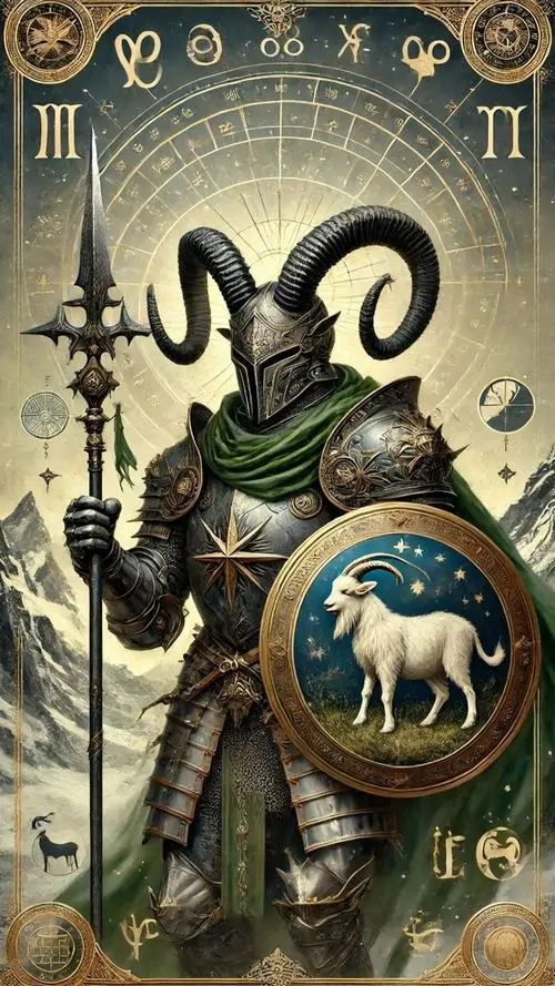 Avatar chiến binh đầu dê đứng chính diện trong giáp cổ, tay cầm khiên và cây đinh ba, nền nâu rêu làm hình ảnh cung Ma Kết nam trông rắn rỏi như tranh 3D