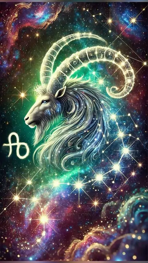 Dê biển phát sáng lao qua dải ngân hà với sừng trắng cong mạnh, thân phủ hạt sáng xanh tím rất bắt mắt, hợp làm ảnh wallpaper 4K cho người thích sắc màu rực