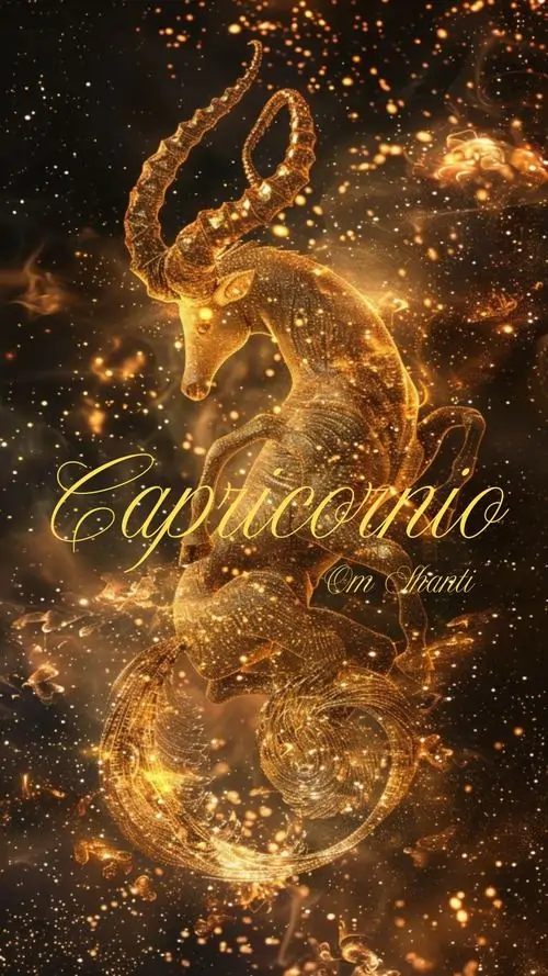 Biểu tượng dê đuôi cá màu vàng bốc sáng giữa nền đen phủ hạt lửa li ti, bố cục gọn và sáng rõ nên dùng làm ảnh đại diện Ma Kết khá ổn trên màn hình nhỏ