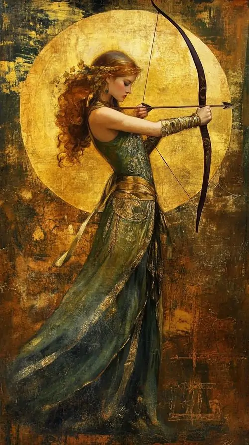 Ảnh wallpaper cô gái váy xanh đứng trước vầng trăng vàng lớn, một tay kéo cung sang ngang, tà váy rủ mềm khiến ảnh cung thủ nửa người nửa ngựa được biến tấu nữ tính hơn