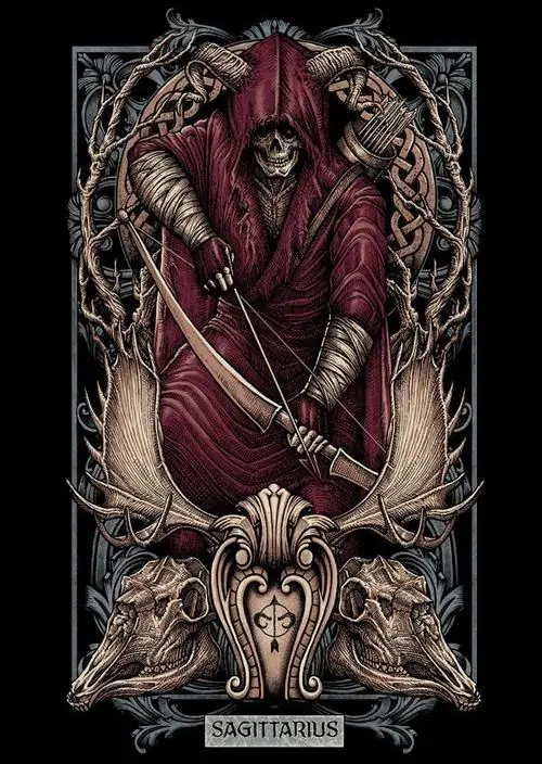 Nhân vật áo đỏ sẫm xuất hiện lần nữa trong khung trang trí dày và tối, tư thế ngồi khép kín cùng cây cung đặt dọc tạo cảm giác nặng trĩu như tranh tarot về Xạ Thủ