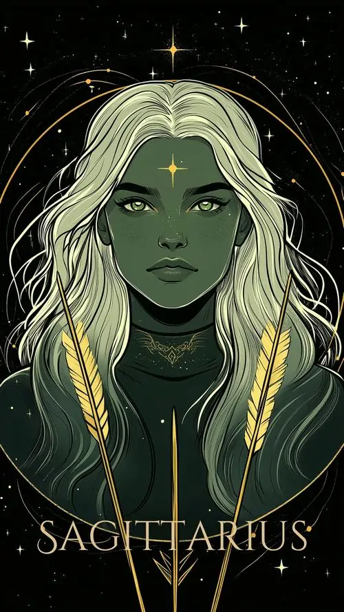 Ảnh nền điện thoại gương mặt nữ tóc bạch kim nhìn thẳng từ nền đen sao li ti, nét vẽ phẳng và đôi mắt xanh nhạt khiến hình ảnh cung thứ chín mang vẻ lạnh mà vẫn mềm