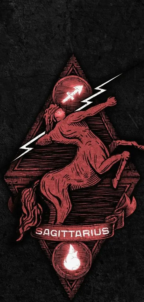 Trên nền đen đỏ, nhân vật nhỏ màu đỏ đang gập người ôm cây cung chéo, bố cục tối và hẹp làm bức ảnh đại diện Nhân Mã trông sắc, lạ và hơi nổi loạn