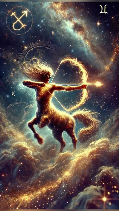 Ảnh nền đt Iphone nhân mã phát sáng giữa mây trời cuộn sáng, thân người xoay mạnh khi giương cung về phía trước, cảnh này làm hình ảnh xạ thủ hoàng đạo bật lên rõ chất phiêu lưu