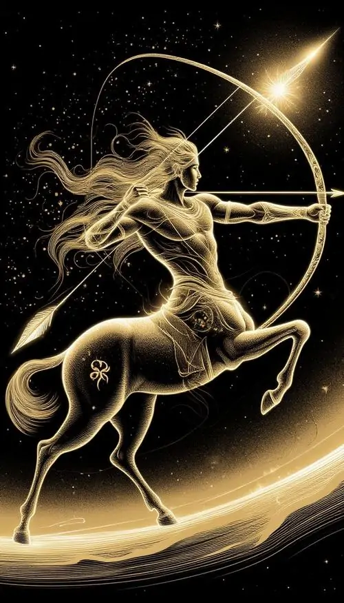 Con nhân mã màu vàng nhạt chạy trên vòng cung sáng giữa nền đen, thân ngựa vươn mạnh và cánh cung kéo căng khiến ảnh cung hoàng đạo hệ lửa nhìn gọn mà rất dứt khoát