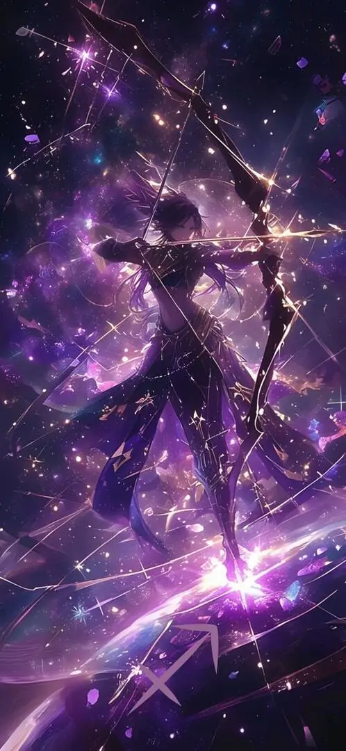 Hình nền dọc nữ chiến binh tím đứng giữa dải ngân hà, tay đưa cung về phía trước và mái tóc hòa vào bụi sao làm hình vẽ chòm sao Nhân Mã có cảm giác mơ và rộng
