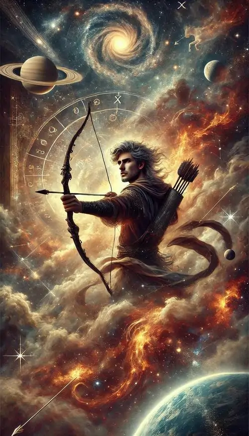 Người đàn ông ngồi kéo cung giữa bầu trời xoáy sáng, phía sau là hành tinh và mây lửa, toàn cảnh khiến ảnh nghệ thuật cung thứ chín giống một chuyến viễn du ngoài không gian