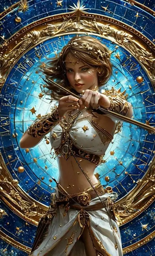 Hình nền nữ xạ thủ mặc giáp trắng đứng nghiêng trong khung tròn xanh vàng, tay kéo dây cung rất căng, mái tóc nâu bay nhẹ làm ảnh cung Nhân Mã trông sáng và quyết liệt