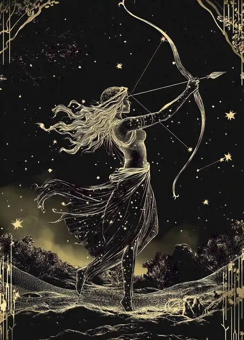 Người khổng lồ bằng lửa đứng toàn thân trên nền đen, một tay giữ cung rực sáng ngang vai, dáng đứng vững làm ảnh xạ thủ hoàng đạo trông nóng và đầy sức bật