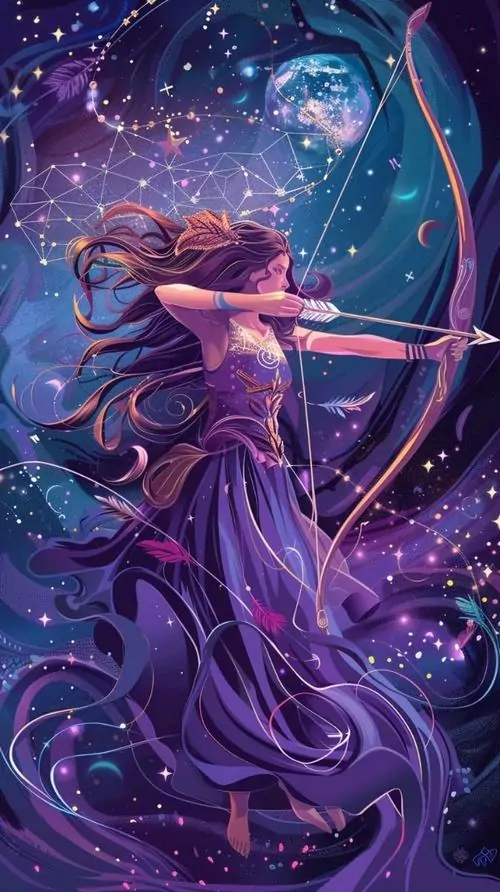 Ảnh nền smartphone biểu tượng nhân mã phát sáng xanh vàng đứng giữa trời đêm, dòng chữ Sagittarius phía dưới và cụm sao nhỏ xung quanh làm bố cục nhìn vừa rõ vừa dễ nhớ