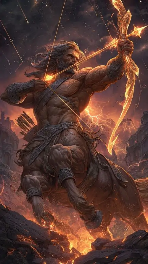 Biểu tượng Sagittarius dạng huy hiệu tròn đặt giữa nền nâu vàng, bóng người kéo cung trong tâm sáng giúp hình ảnh xạ thủ hoàng đạo nhìn vui mắt và có chút retro