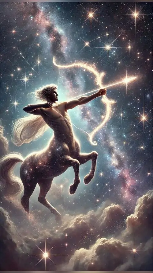 Con nhân mã xanh tím đứng trên vách đá, tay kéo cung hướng lên trời sao, phần thân ngựa sáng viền điện làm bức hình gợi rõ tinh thần khám phá và chuyển động