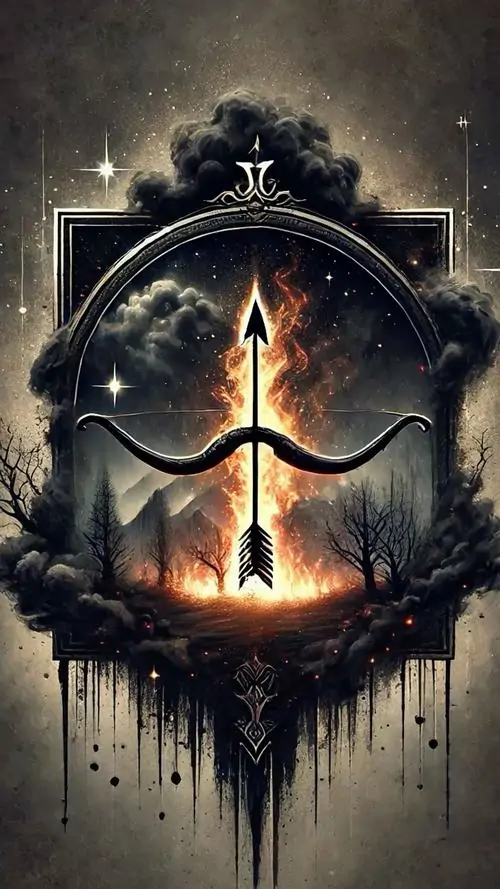 Nhân mã đội giáp đứng trong vòng sáng vàng lớn, chân ngựa dậm mạnh còn tay kéo cung về bên trái, bố cục thẳng đứng làm ảnh nghệ thuật cung thứ chín rất hợp làm poster