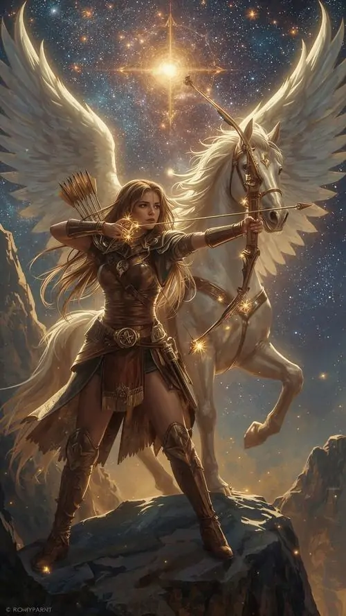 Nhân vật vàng chói với đôi cánh lớn xoay người giữa bầu trời sao, các dải sáng quấn quanh cánh cung làm ảnh xạ thủ hoàng đạo giống khoảnh khắc bùng nổ giữa trận chiến