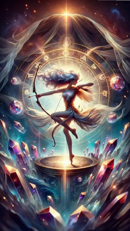 Cô gái tóc xanh nhạt mặc váy xanh đậm đứng trong khung trăng vàng, cánh cung cong lớn ôm theo người làm ảnh cung thủ nửa người nửa ngựa được thể hiện theo hướng thần tiên