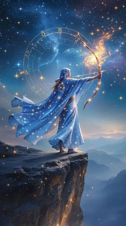 Nhân vật nữ tóc sáng mặc váy nâu đỏ đứng trong vòng lửa cam, hai tay ôm cung sát người và dòng chữ Sagittarius bên dưới làm ảnh xạ thủ hoàng đạo nhìn ấm, mềm và nổi