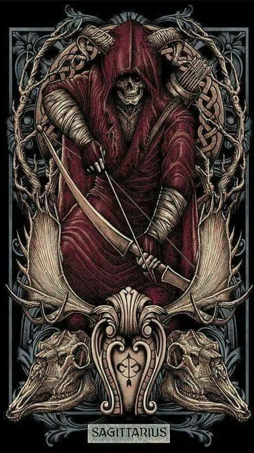 Ảnh avt nhân vật áo choàng đỏ sẫm ngồi giữa khung đá chạm trổ, tay cầm cung lớn đặt chéo trước người, nét vẽ đậm khiến hình tượng thần Chiron trông nặng và dữ