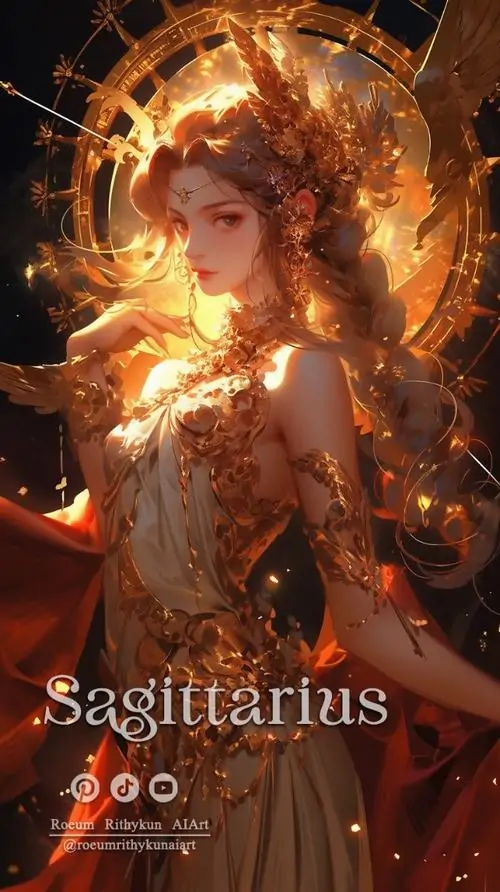 Wallpaper điện thoại cô gái đội vương miện nhìn thẳng giữa nền lửa và hành tinh đỏ, tay giữ cung ngang người khiến hình ảnh cung Nhân Mã này vừa rực vừa sang theo kiểu fantasy