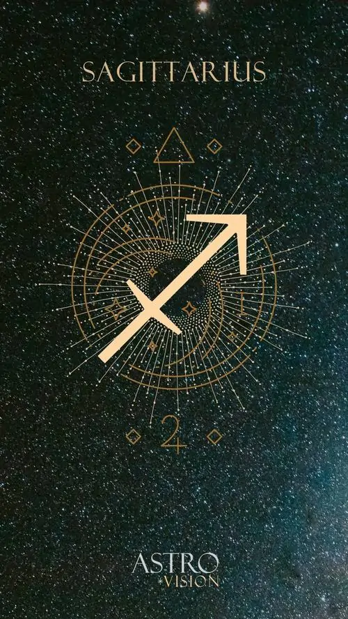 Tấm nền xanh đen tối giản đặt biểu tượng mũi tên trắng ở giữa, phía trên ghi Sagittarius và vài chòm sao nhỏ giúp hình vẽ chòm sao Nhân Mã nhìn gọn mà rất thoáng