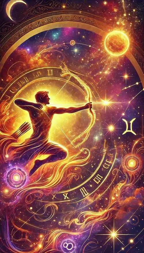 Avatar bóng người đang kéo cung trong dải xoáy màu tím cam rực, thân hình uốn cong theo chuyển động khiến ảnh nghệ thuật cung thứ chín có cảm giác lao vút ra ngoài khung