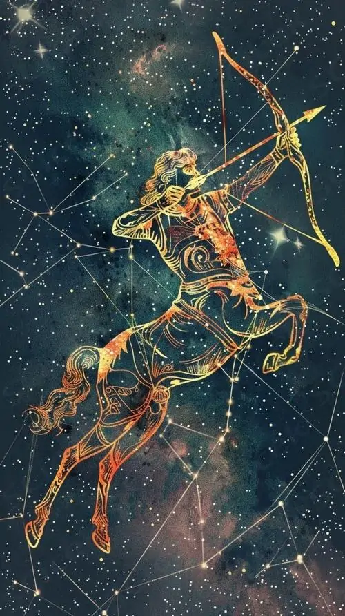 Nhân mã vàng cam hiện lên giữa nền trời sao xanh thẫm, bốn chân ngựa vươn dài và cánh cung cong thanh làm chòm sao nửa người nửa ngựa nhìn vừa cổ điển vừa bay