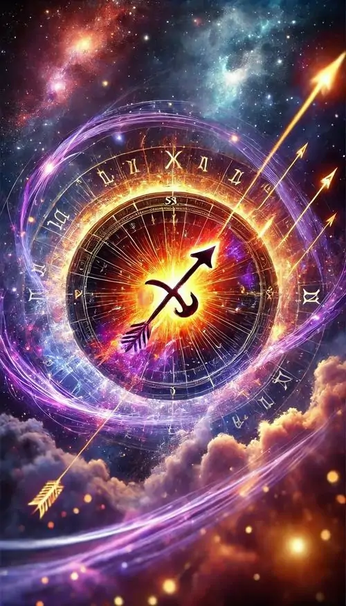 Hình nền điện thoại vòng sáng vũ trụ mở ra giữa mây tím, biểu tượng cung thủ nằm ở tâm như đang xoay mạnh, hợp người thích hình ảnh cung Nhân Mã thiên về năng lượng và chuyển động