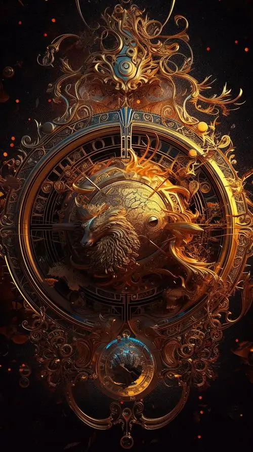 Khung dọc tông đen nâu đặt một vòng tròn cổ phát sáng ở giữa, họa tiết kim loại và hành tinh nhỏ bên dưới làm bức hình gợi rõ không khí chiêm tinh học