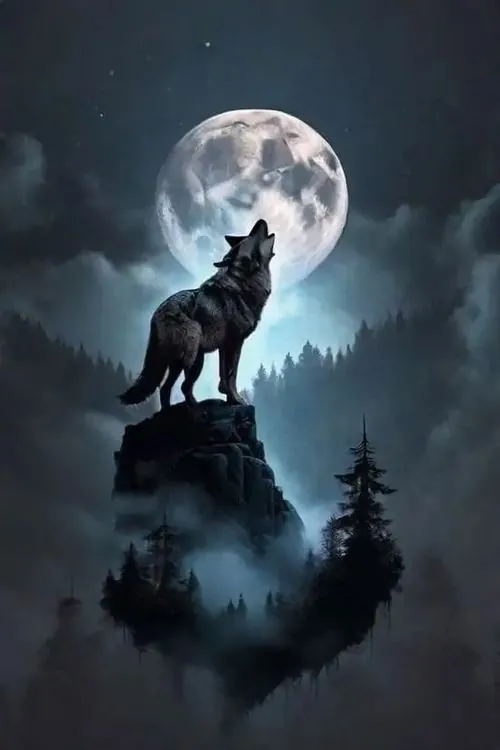 Chân dung sói trắng mắt xanh nhìn thẳng, giữa trán sáng lên viên ngọc nhỏ và dưới cổ là quầng sáng lam, nét vẽ 3D làm hình ảnh sói đẹp mà vẫn lạnh tay