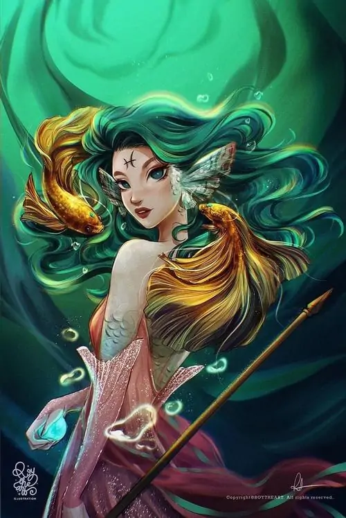 Hình mẫu cô gái tóc xanh lá nổi bật giữa những lọn tóc uốn lượn như rong biển cùng trang phục vảy cá lấp lánh trông thật sống động.