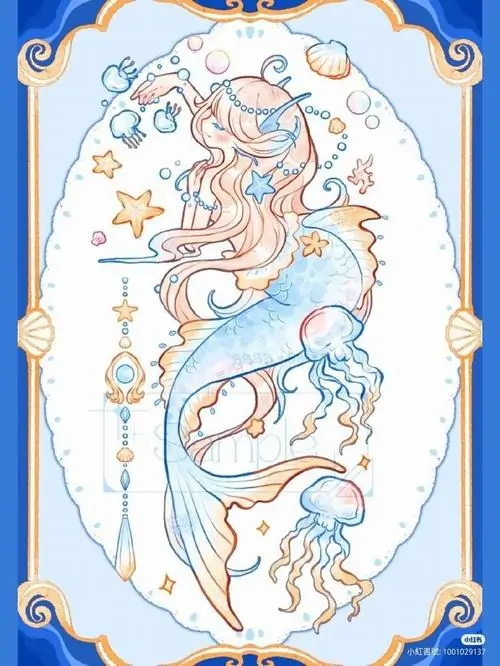 Hình họa đường nét thanh mảnh mô phỏng cô gái cá trong khung tròn trang trí bằng các vì sao mang phong cách nghệ thuật vẽ tay rất tối giản.