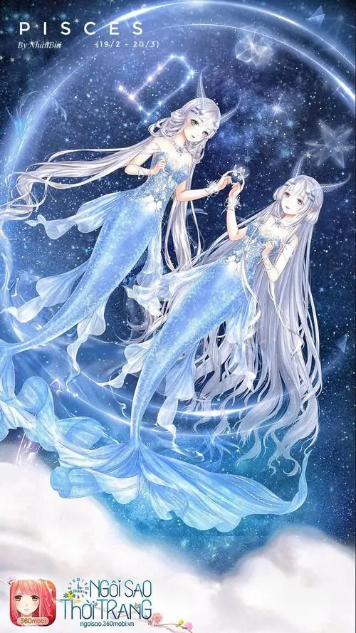 Hai cô gái với đôi chân biến thành đuôi cá mềm mại đang quấn quýt bên nhau trong vòng tròn đại dương bao la xanh ngắt thật thanh thản.