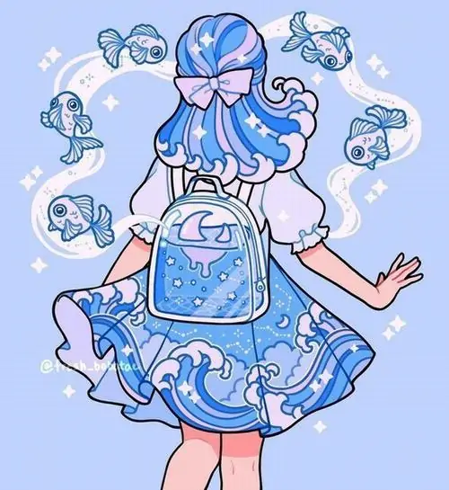 Cô bé mặc váy xanh và khoác chiếc ba lô có hình vây cá đang đứng quay lưng lại theo phong cách chibi vô cùng tinh nghịch.
