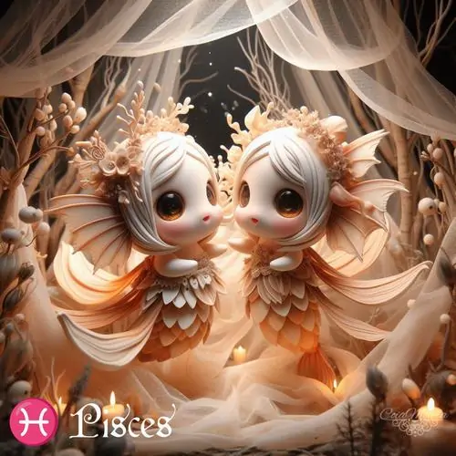 Ảnh profile hai sinh vật nhỏ có hình dáng giống cá và người kết hợp mang trang phục vảy cá lấp lánh đứng cạnh nhau trông thật kỳ ảo.