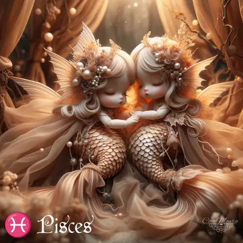 Hai nàng tiên cá song sinh với mái tóc vàng rực rỡ và chiếc đuôi dài uốn lượn giữa những dải lụa mang đường nét mềm mại thanh tú rất kiêu sa.