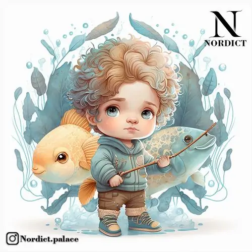 Nhân vật anime đại dương là một cậu bé tóc xoăn vàng đang ôm chú cá lớn trên tay với gương mặt bầu bĩnh mang nét biểu cảm e thẹn thật đáng yêu.