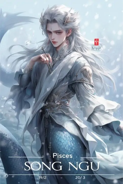 Tấm hình chàng trai tóc bạc trong trang phục cổ trang đang đứng giữa những làn nước trắng xóa mang đậm vẻ đẹp hoạt hình Nhật Bản đầy lãng tử.