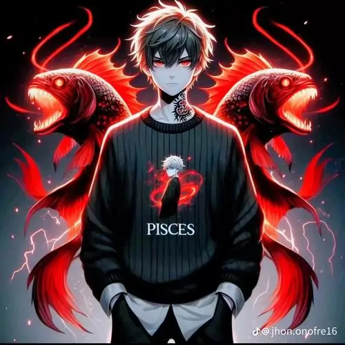 Nam nhân tóc đen đứng giữa hai con cá đỏ khổng lồ rực cháy mang đến một cái nhìn mới về cung hoàng đạo vô cùng mạnh mẽ.