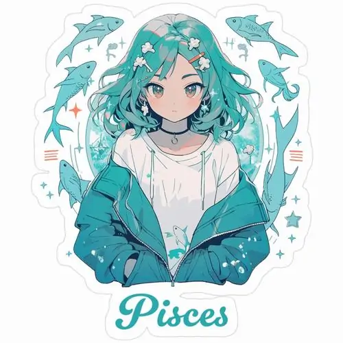 Ảnh chân dung cô gái tóc xanh ngắn khoác áo khoác rộng đứng giữa vòng tròn cá bơi lội mang phong cách chòm sao thứ 12 trông thật cá tính.