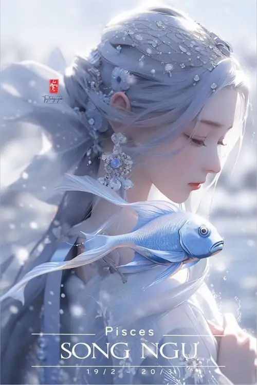 Thiếu nữ tóc trắng đứng lặng lẽ dưới làn nước xanh với những chú cá nhỏ vây quanh tạo nên không gian đại dương xanh thẳm thật cô độc.