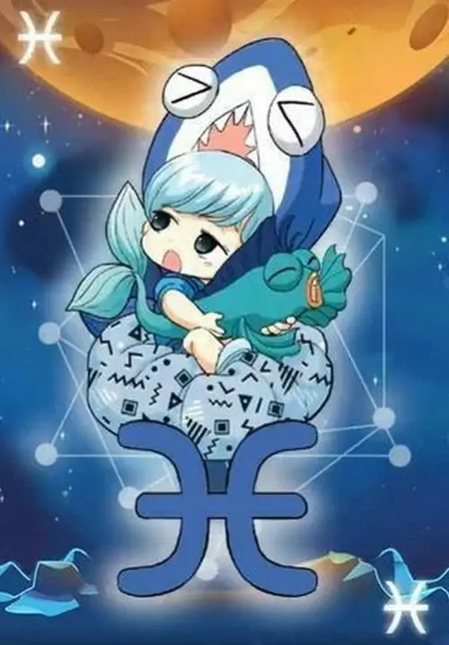 File ảnh cậu bé chibi có mái tóc xanh dương đội mũ cá đang ngồi trên biểu tượng cung hoàng đạo trông tỉ lệ đầu to thân nhỏ cực kỳ hóm hỉnh.