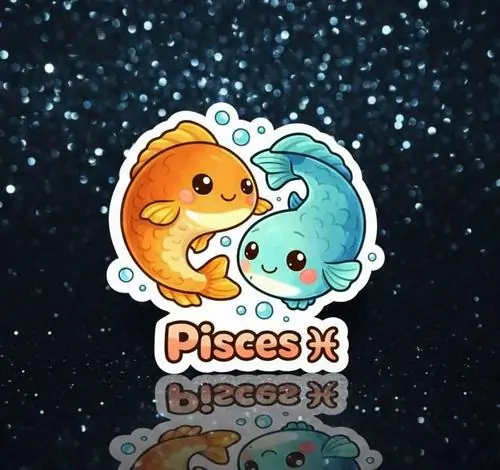 Hai chú cá một vàng một xanh tròn trịa đang bơi cạnh nhau giữa bầu trời sao lấp lánh thể hiện biểu tượng hai con cá bơi ngược thật vui nhộn.