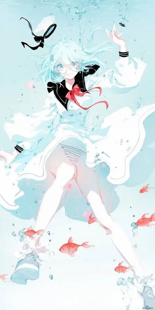 Hình họa cô gái tóc trắng đang bước đi trên mặt nước với chiếc váy tung bay nhẹ nhàng giữa những chú cá nhỏ mang màu sắc pastel thật thanh thoát.