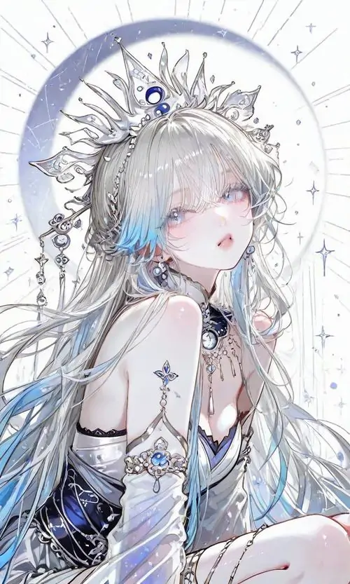 Nàng thơ tóc trắng mang vẻ ngoài thanh tú quay nghiêng đầu nhìn xa xăm giữa những cánh hoa và ánh sáng mờ ảo trông thật tĩnh lặng.