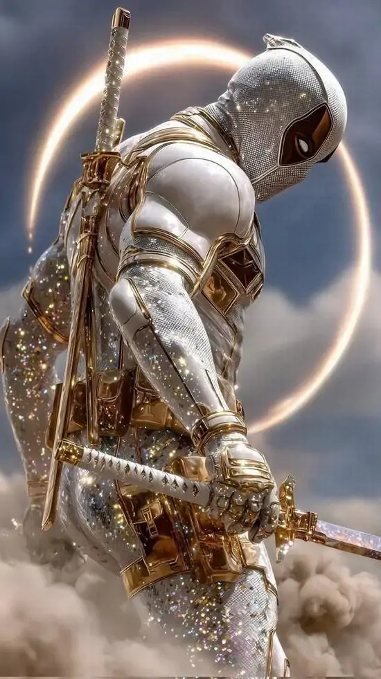 Phi hành gia áo trắng viền vàng quỳ một gối trên nền mây sáng, vòng sáng phía sau lưng làm dáng đứng thêm nổi bật và tạo một hình nền 3D ngầu cho Samsung