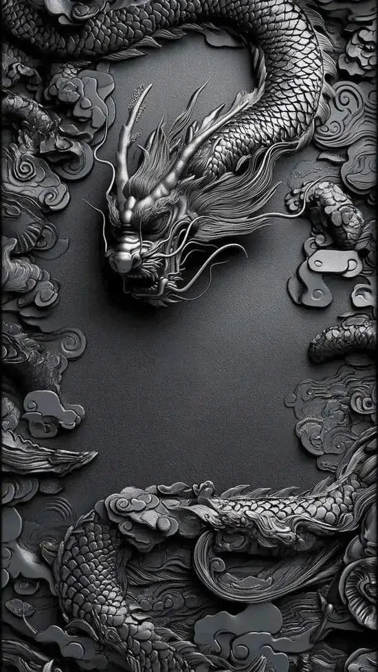 Ảnh wallpaper đôi rồng đen uốn vòng trên nền xám chạm nổi, vảy thân và viền mây chìm tạo mặt khắc rất sâu như một ảnh màn hình đa chiều Ultra HD tối giản